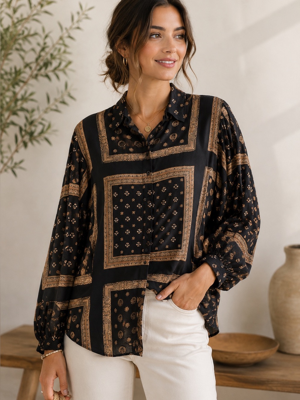 Free People Black and Brown Printed Button-Down Shirt